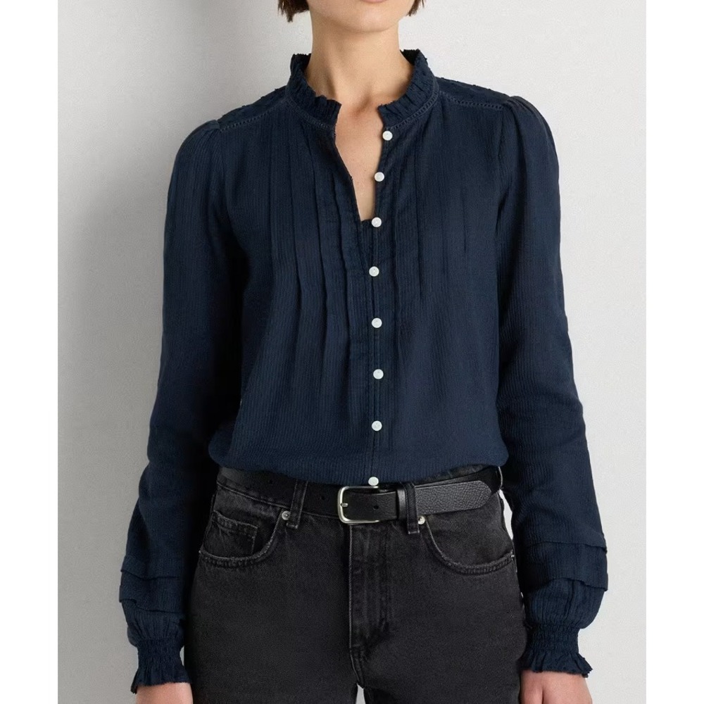 Quince Navy Organic Textured Cotton Peasant Blouse Pintuck Ruffle Top Small